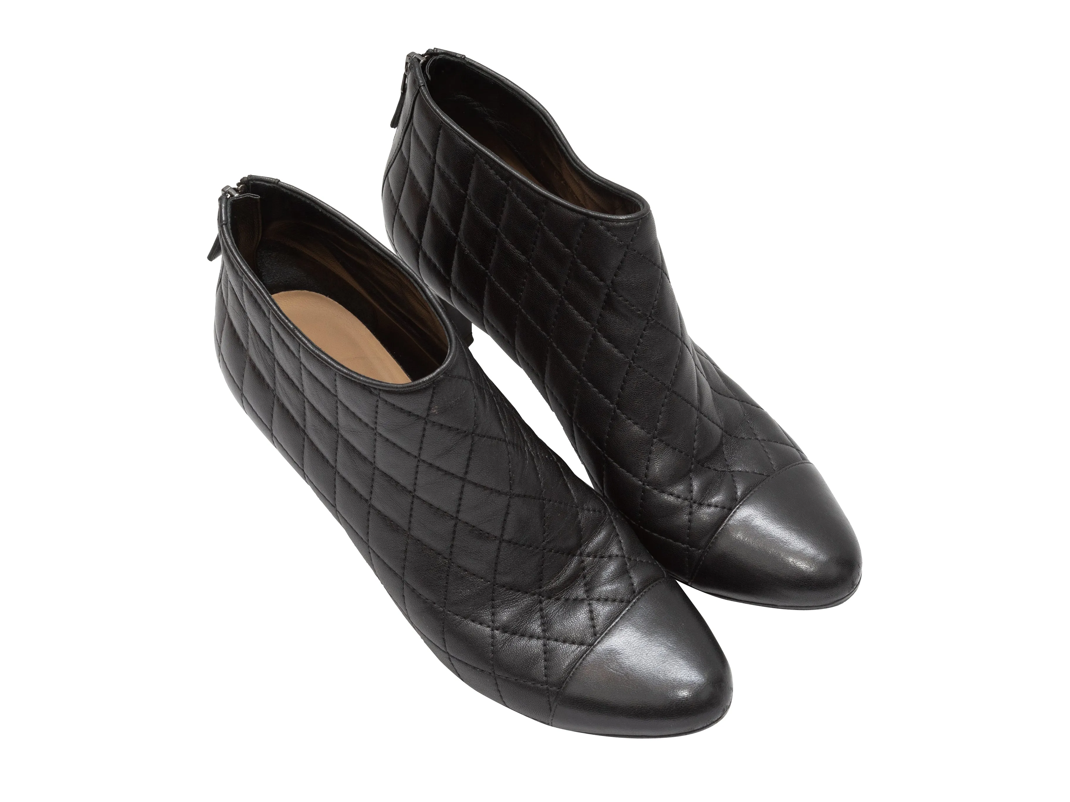 Black Chanel Quilted Leather Cap-Toe Ankle Boots FR 40