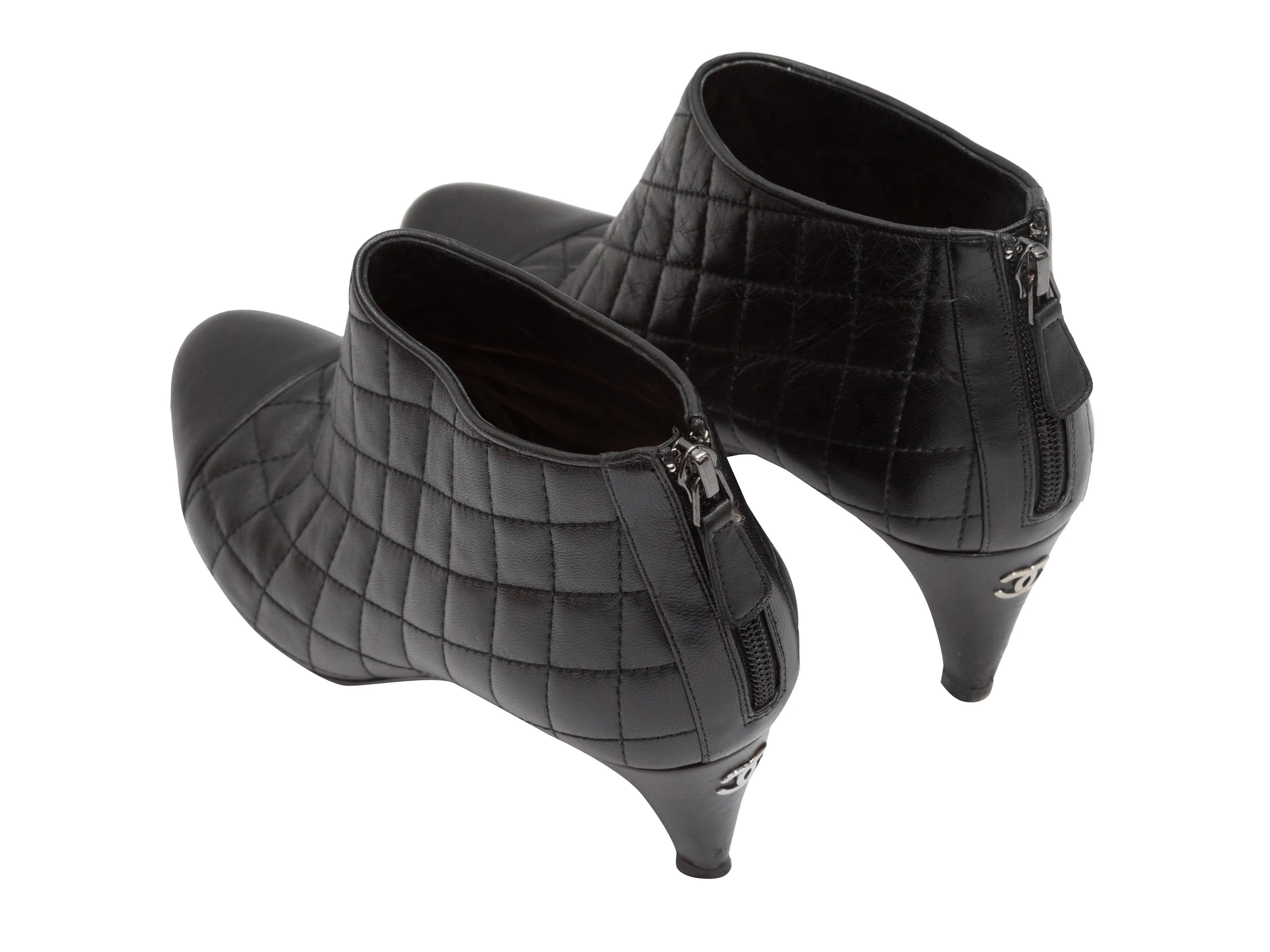 Black Chanel Quilted Leather Cap-Toe Ankle Boots FR 40