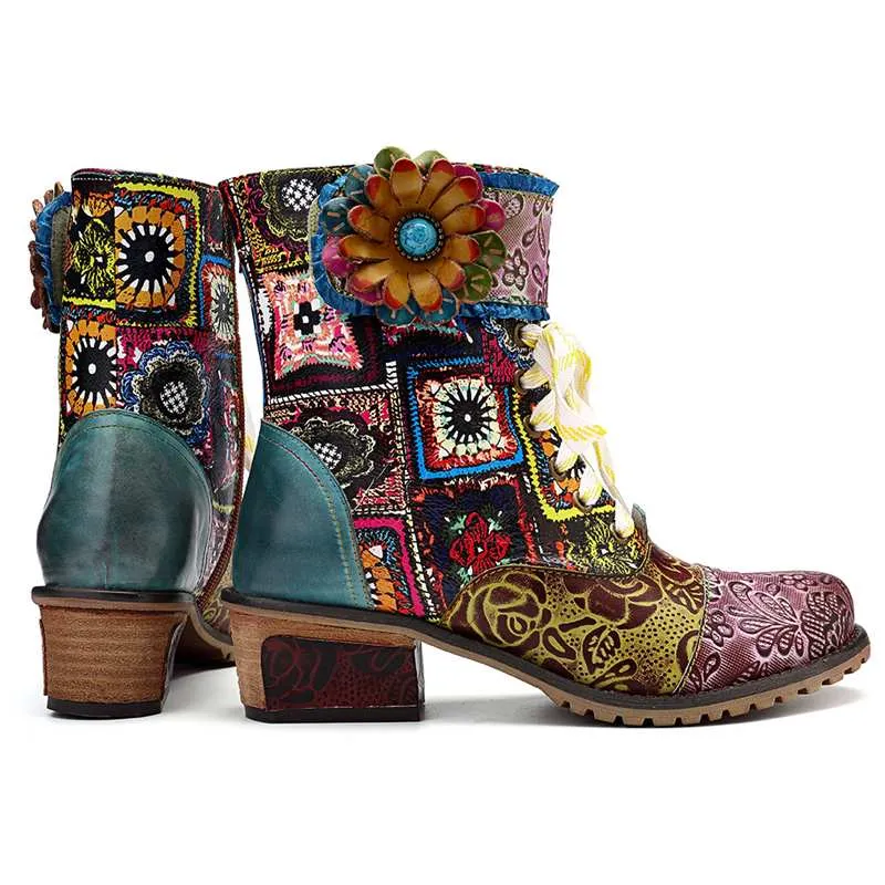 Bohemian Retro Cowgirl Women's Leather Ankle Boots With Zipper