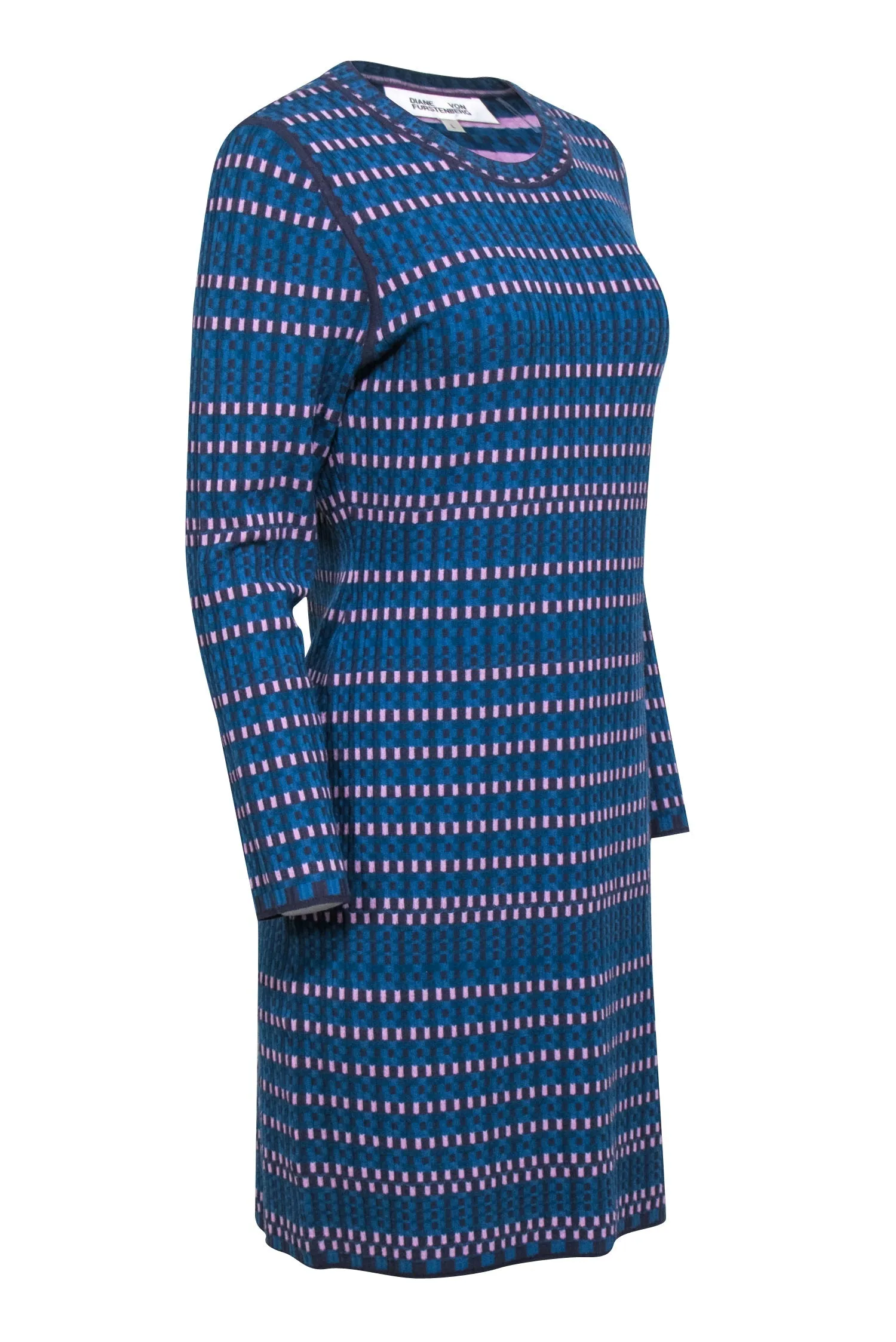 Diane von Furstenberg - Blue & Purple Knit Long Sleeve Sheath Dress Sz L