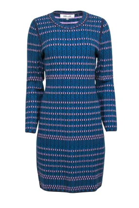 Diane von Furstenberg - Blue & Purple Knit Long Sleeve Sheath Dress Sz L