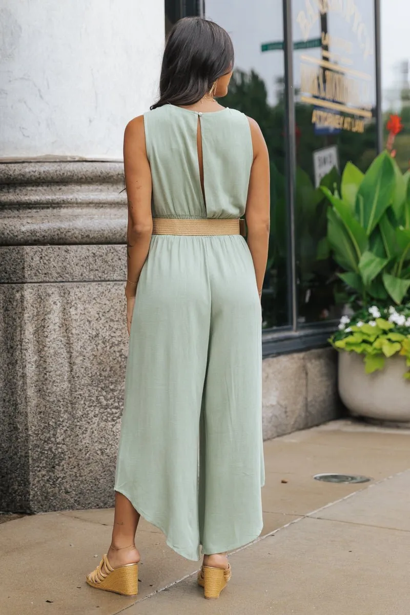 Green Surplice V Neck Belted Jumpsuit - FINAL SALE