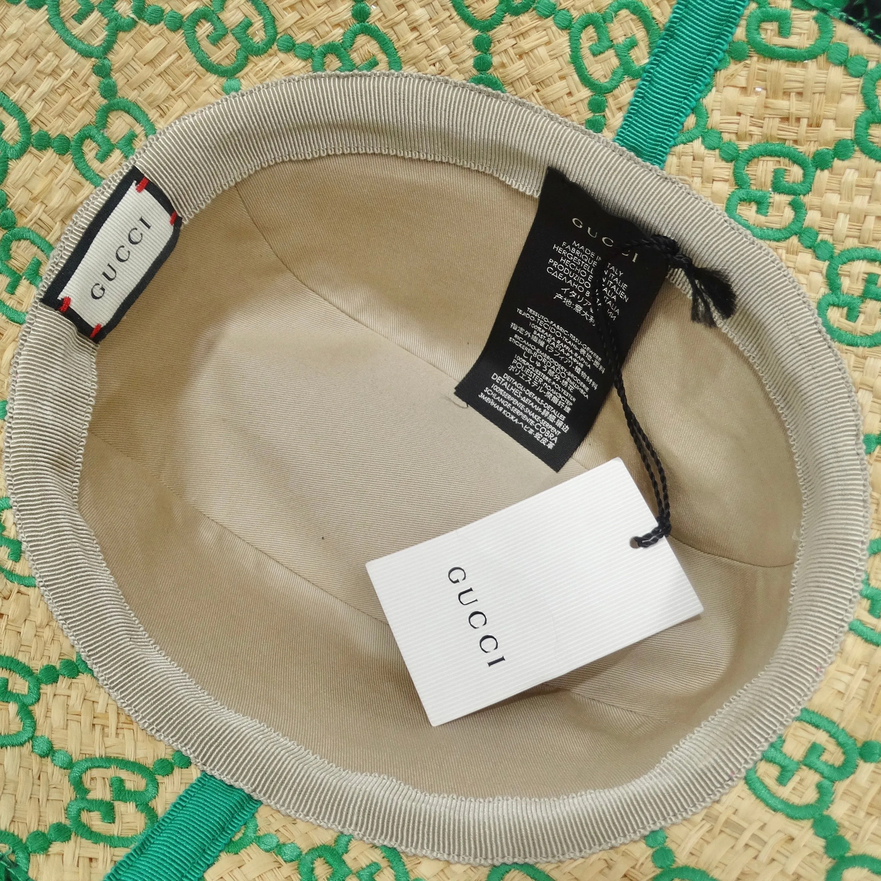 Gucci Raffia Elaphe GG Monogram Embroidered Wide Brim Hat