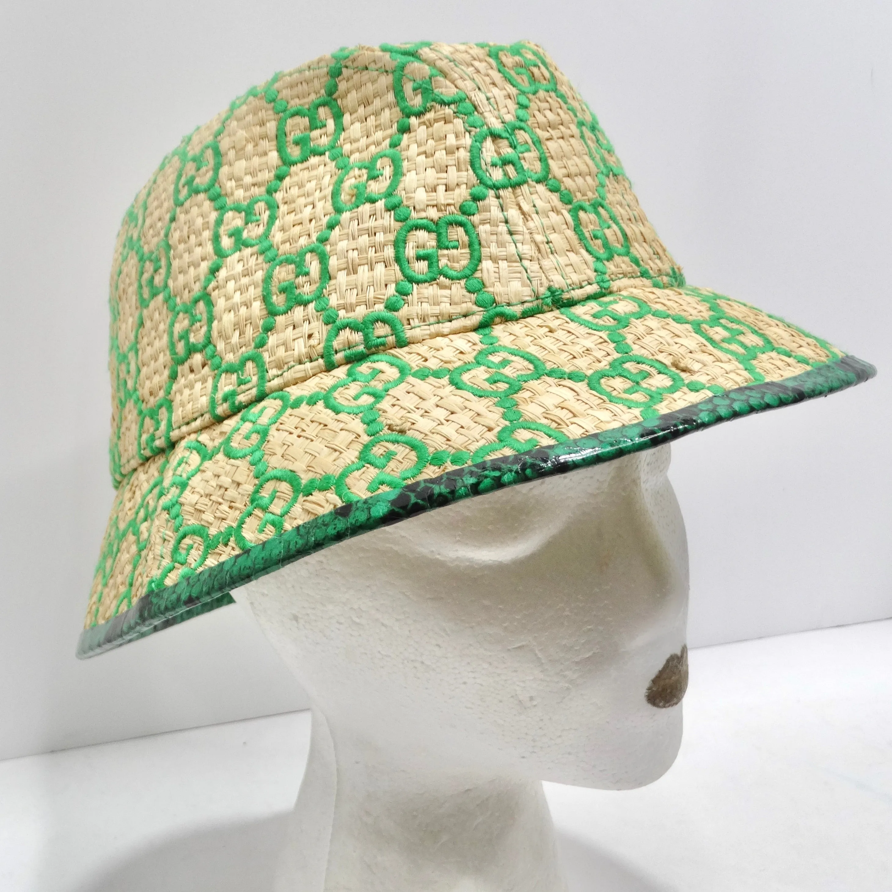 Gucci Raffia Elaphe GG Monogram Embroidered Wide Brim Hat