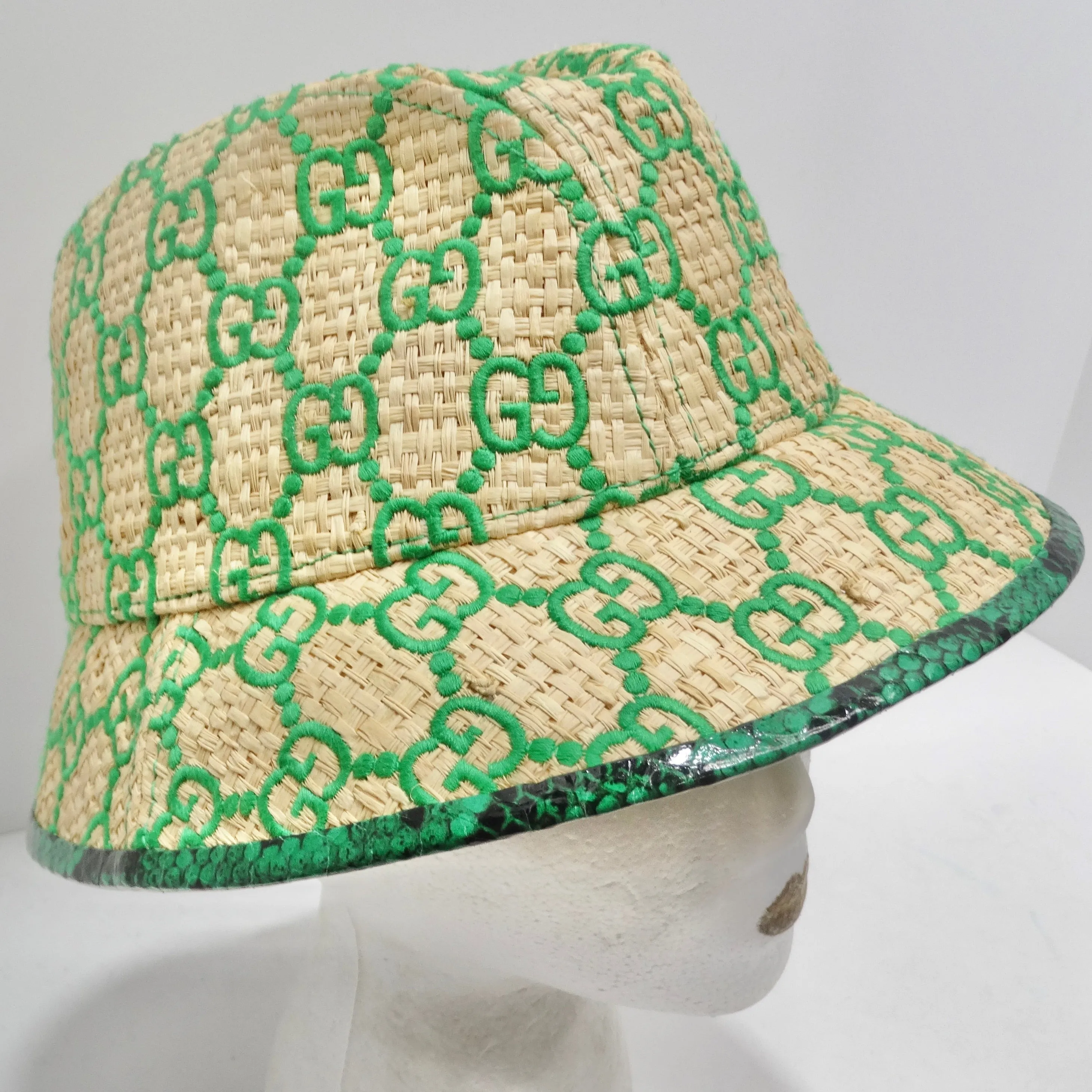 Gucci Raffia Elaphe GG Monogram Embroidered Wide Brim Hat