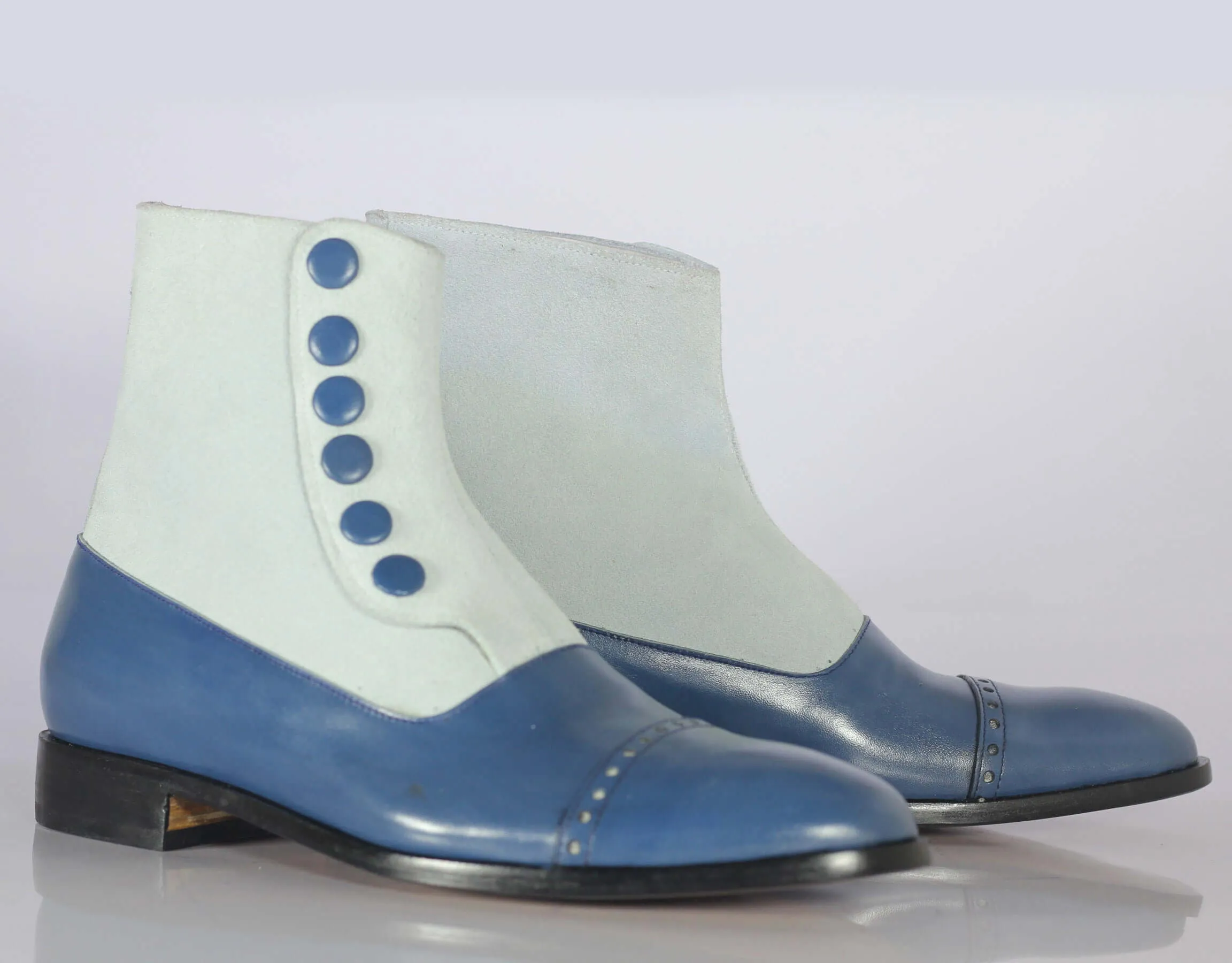 Handmade Ankle High White Blue Cap Toe Boots, Men Leather Suede Button Top Boots