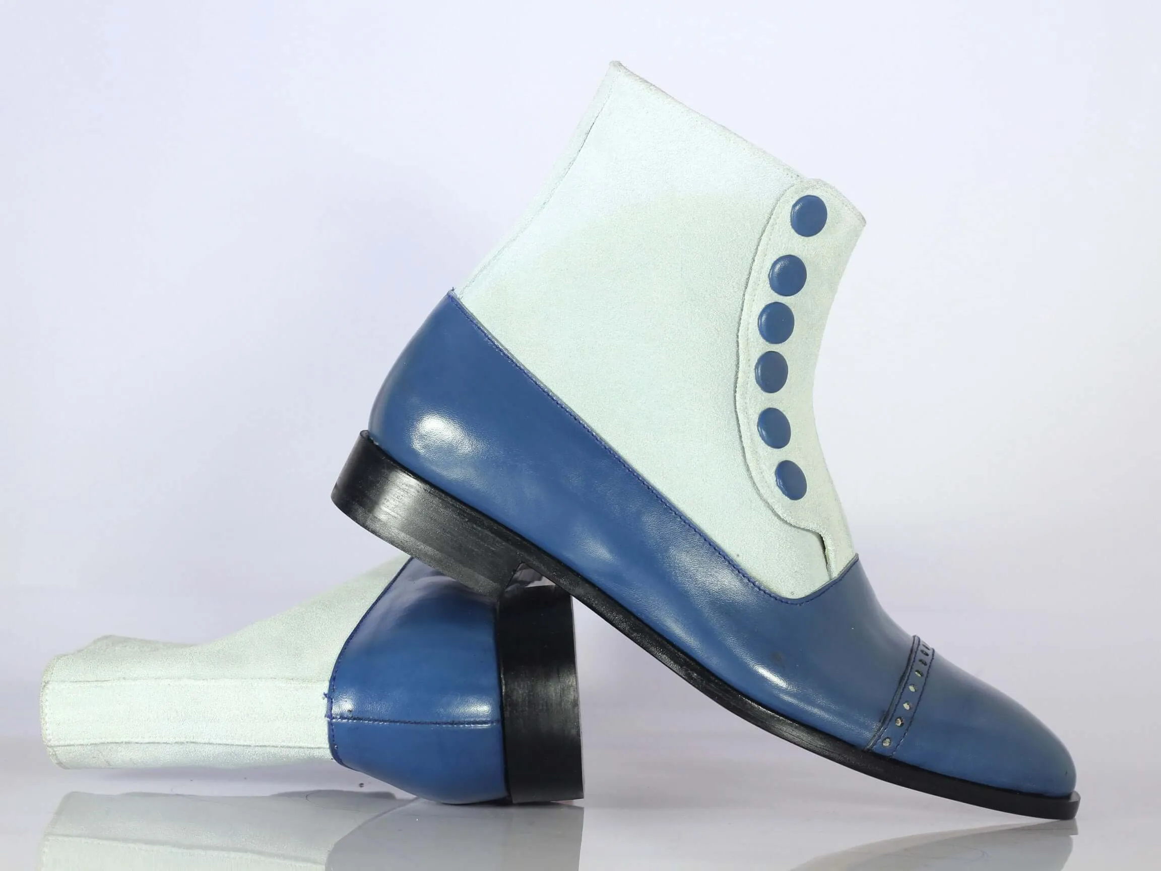 Handmade Ankle High White Blue Cap Toe Boots, Men Leather Suede Button Top Boots