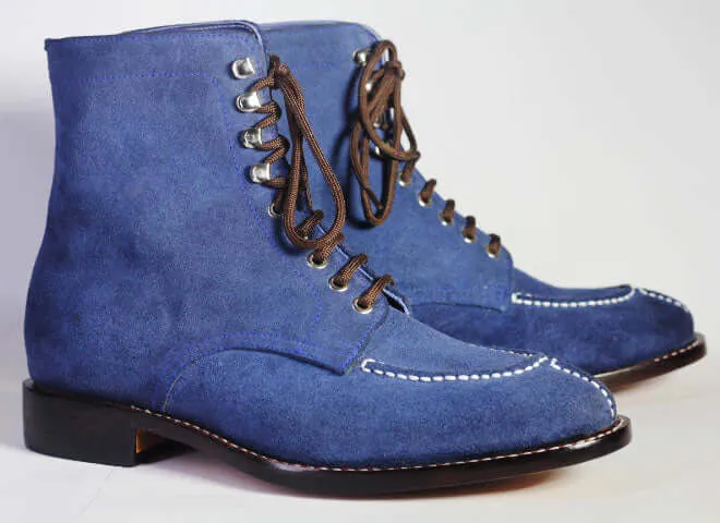 Handmade Men Blue Split Toe Suede Ankle Boots, Men Lace Up Designer Fashion Boots