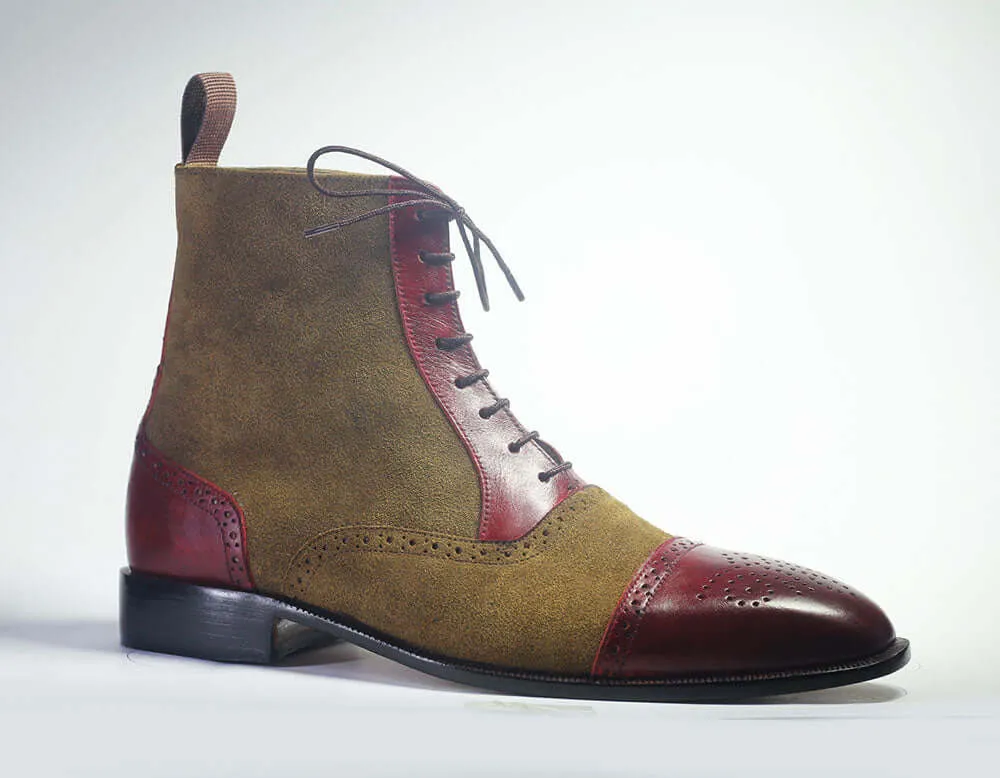 Handmade Men Burgundy & Brown Boots, Men Leather Suede Ankle High Designer Boots