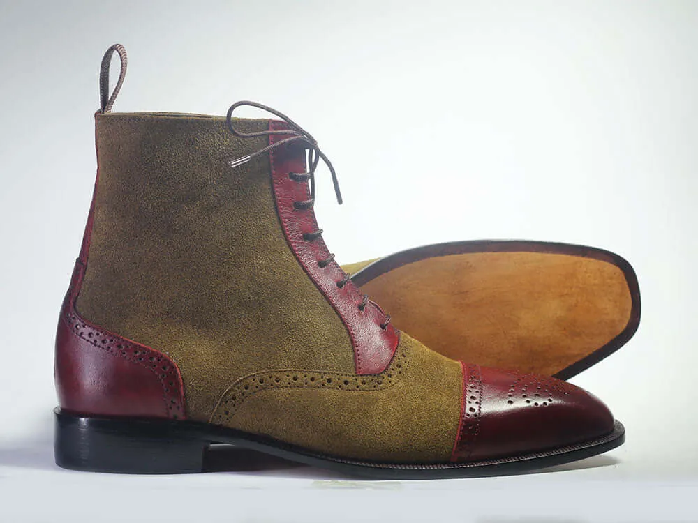 Handmade Men Burgundy & Brown Boots, Men Leather Suede Ankle High Designer Boots