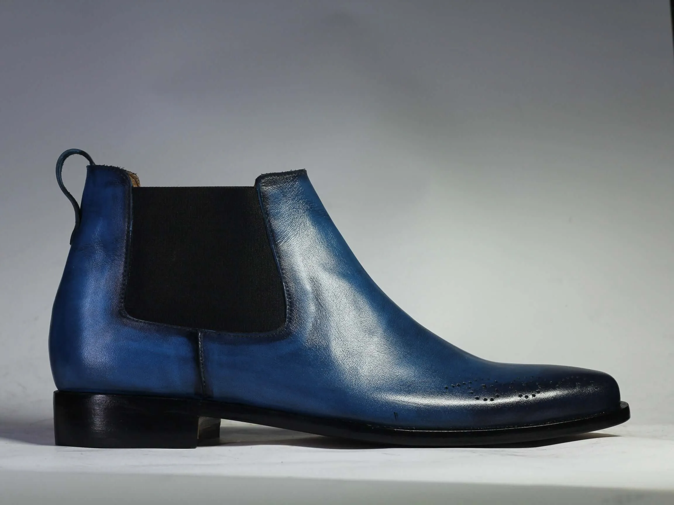 Handmade Men’s Blue Brogue Toe Chelsea Leather Boots, Men Slip On Dress Boots