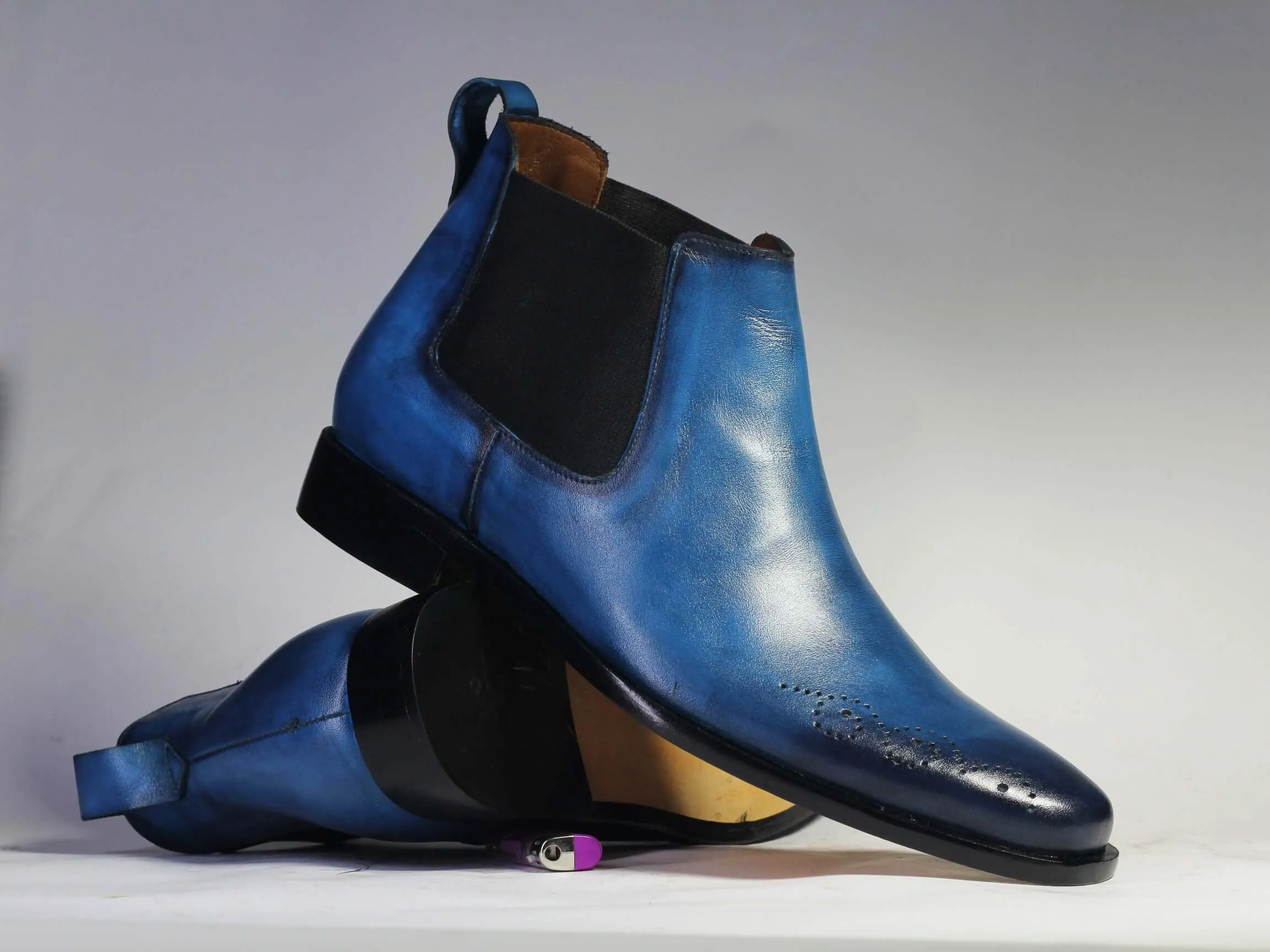 Handmade Men’s Blue Brogue Toe Chelsea Leather Boots, Men Slip On Dress Boots