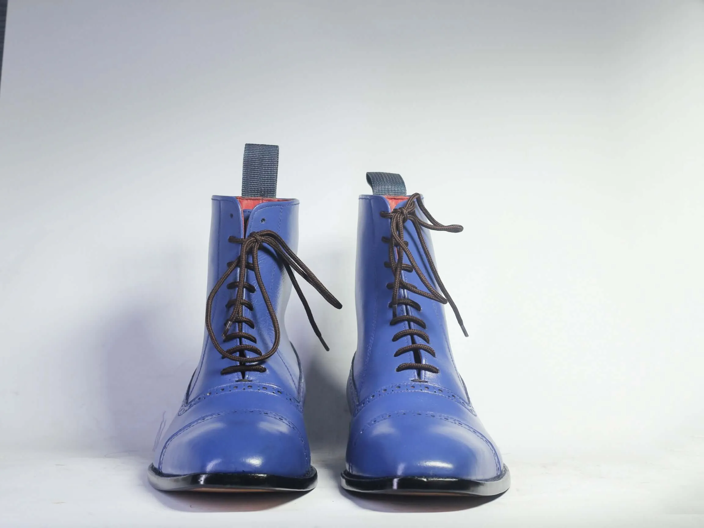 Handmade Men's Blue Color Ankle High Boots, Men Dress Leather Cap Toe Boots