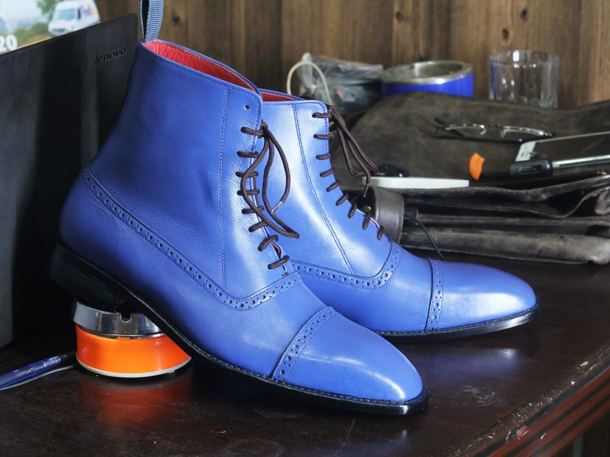 Handmade Men's Blue Color Ankle High Boots, Men Dress Leather Cap Toe Boots