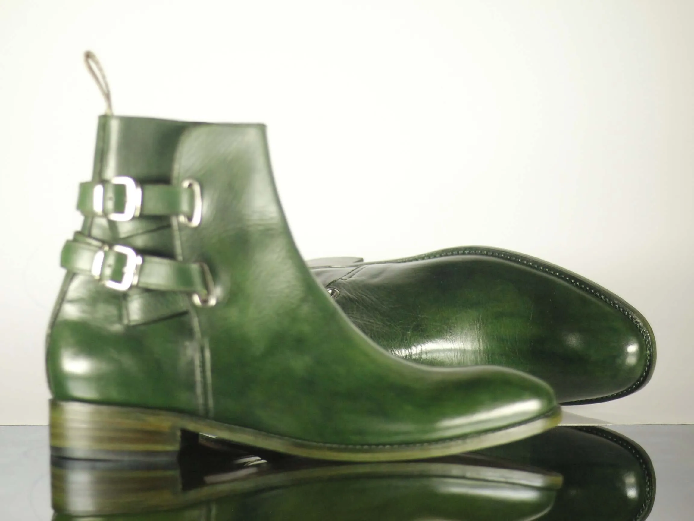 Handmade Men's Green Leather Jodhpurs Double Monk Strap Boots, Men Ankle Boots, Men Designer Boots