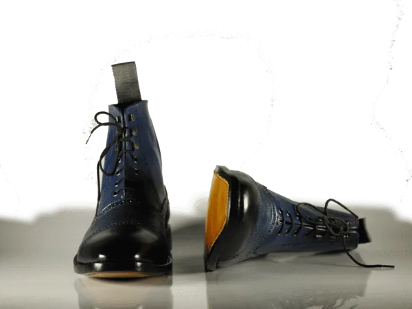 Handmade Men's Navy Blue Leather Cap Toe Lace Up Boots, Men Ankle Boots, Men Fashion Boots