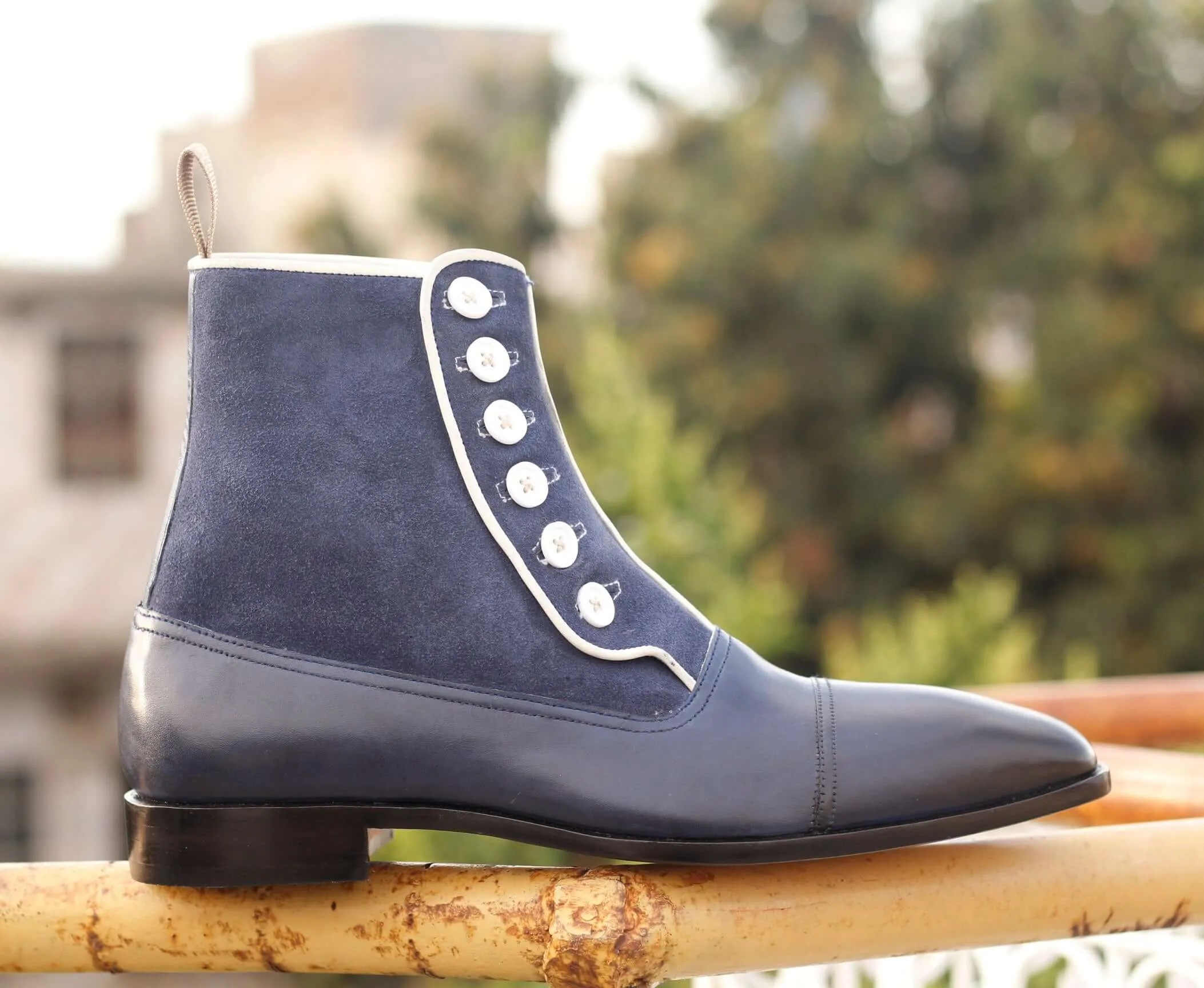 Handmade Men's Navy Blue Leather Suede Cap Toe Button Boots, Men Ankle Boots, Men Designer Boots