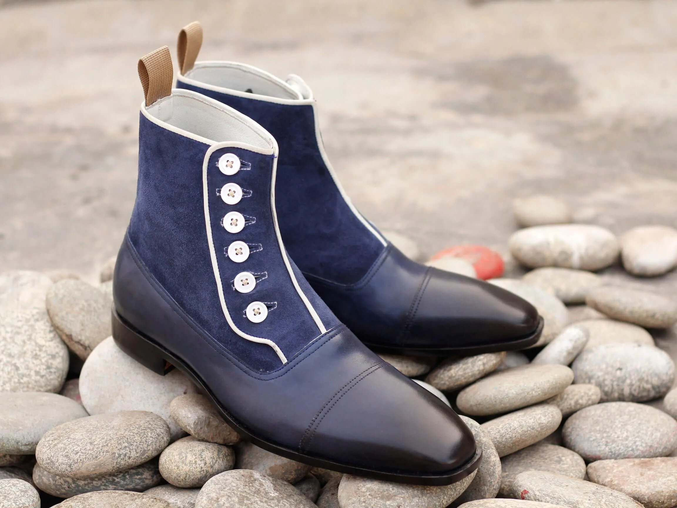 Handmade Men's Navy Blue Leather Suede Cap Toe Button Boots, Men Ankle Boots, Men Designer Boots