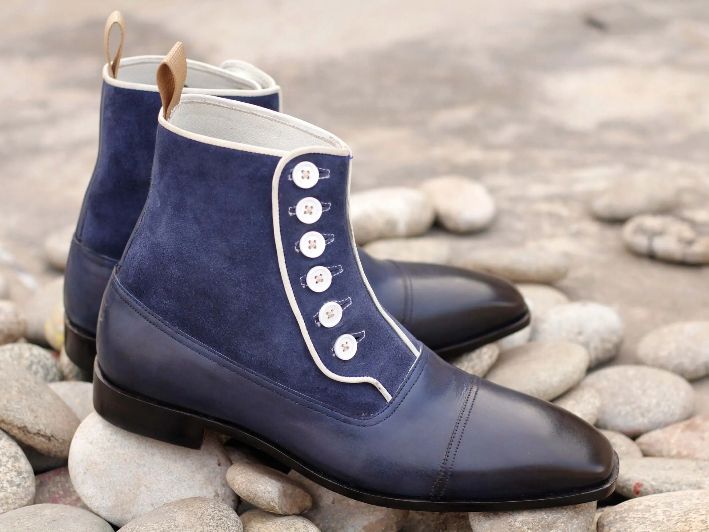 Handmade Men's Navy Blue Leather Suede Cap Toe Button Boots, Men Ankle Boots, Men Designer Boots