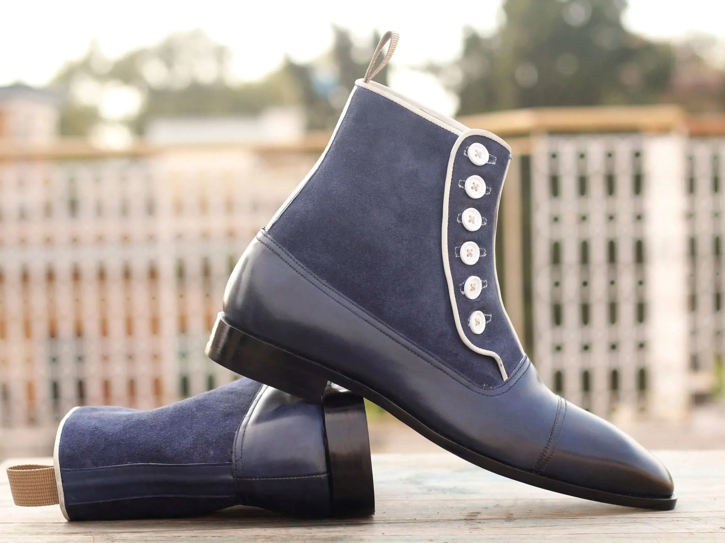 Handmade Men's Navy Blue Leather Suede Cap Toe Button Boots, Men Ankle Boots, Men Designer Boots