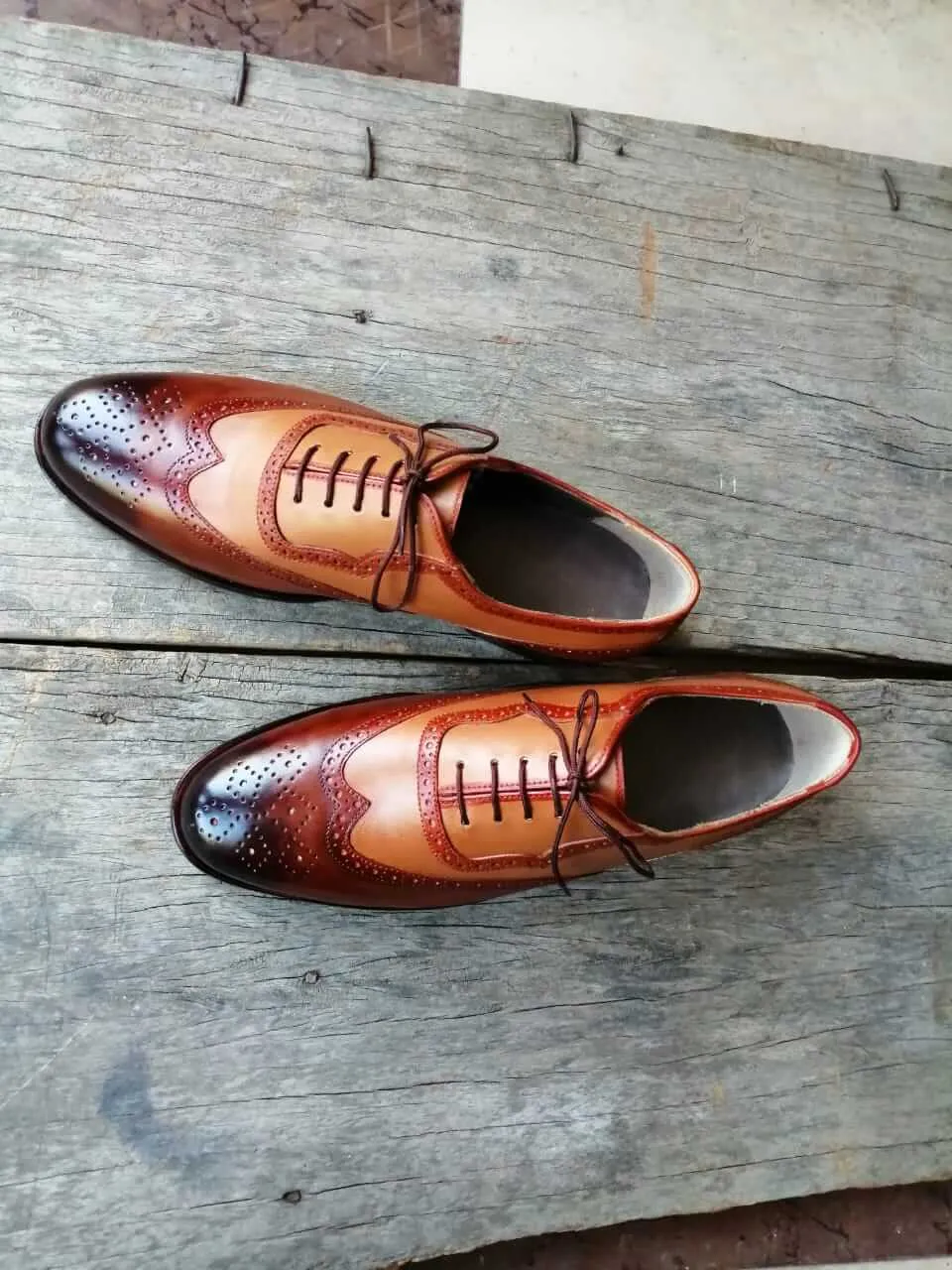 Handmade Men's Two Tone Brown Wing Tip Brogue Leather Lace Up Shoes, Men Designer Dress Formal Luxury Shoes