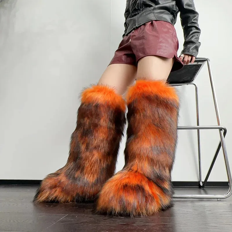 Knee-High Fuzzy Faux Fur Boots – Warm, Soft, Slip-On Winter Comfort