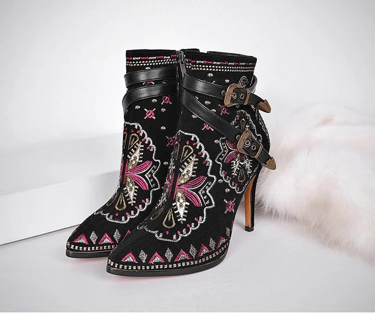 Leather Embroidery Ankle Boots