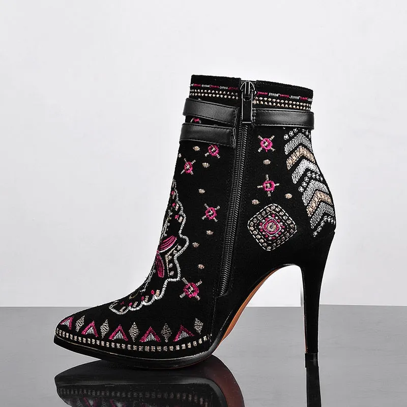 Leather Embroidery Ankle Boots