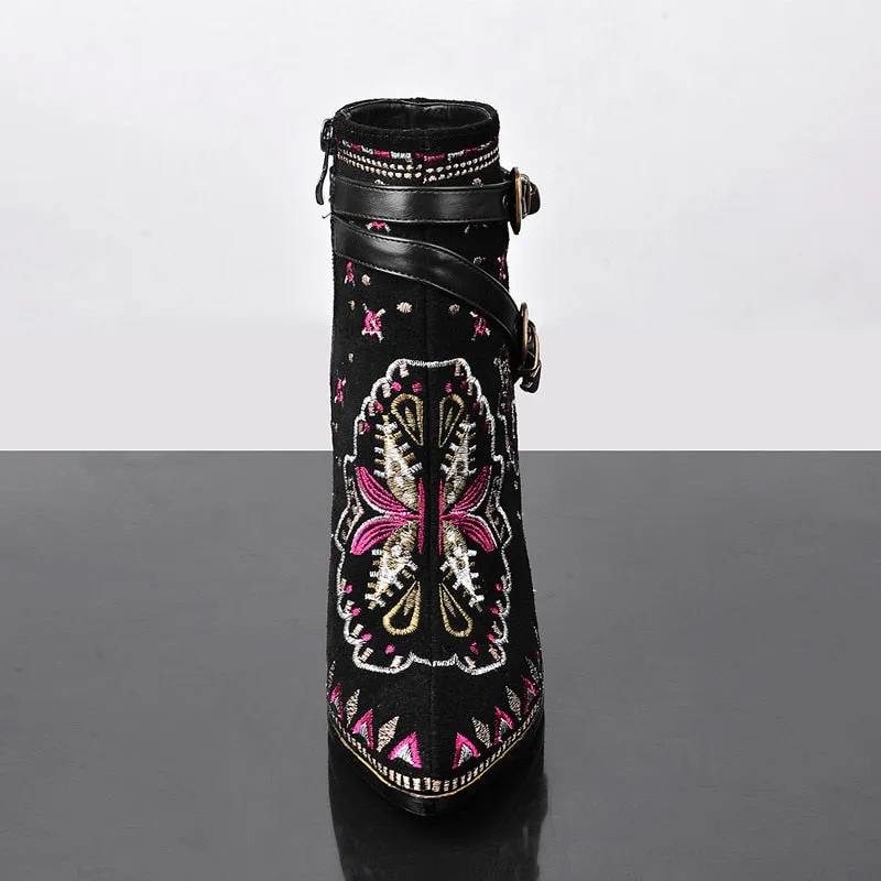 Leather Embroidery Ankle Boots