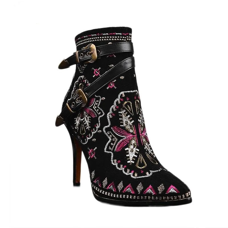 Leather Embroidery Ankle Boots