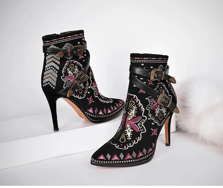 Leather Embroidery Ankle Boots