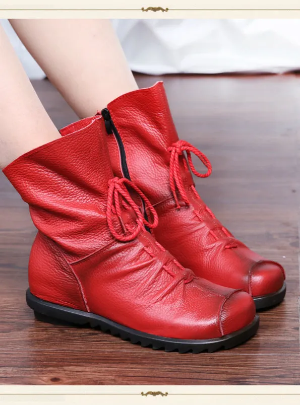 Leather Women Boots Flat Booties Soft Cowhide