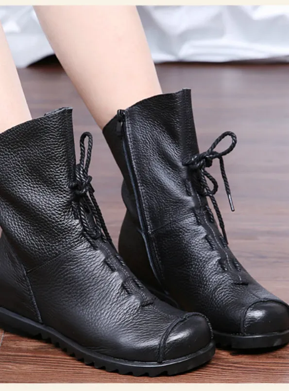 Leather Women Boots Flat Booties Soft Cowhide