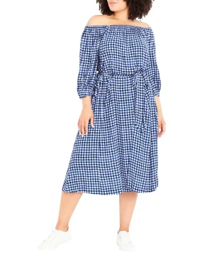 Lucine Off The Shoulder Gingham Print Dress | Cornflower Blue / White