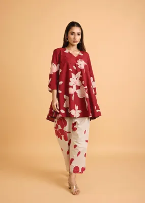 Maroon Flared Cotton Zubeida Tunic Set