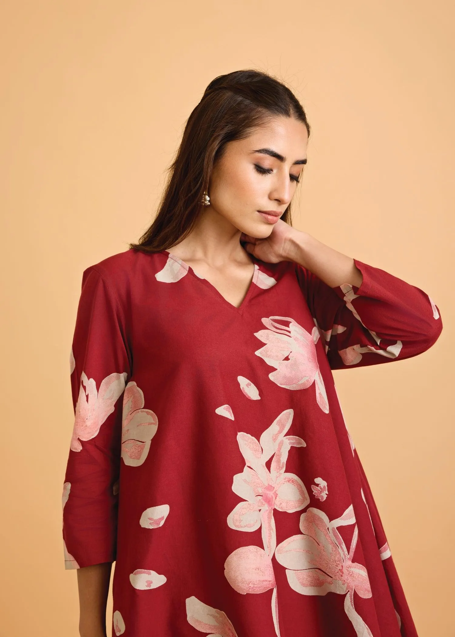 Maroon Flared Cotton Zubeida Tunic Set