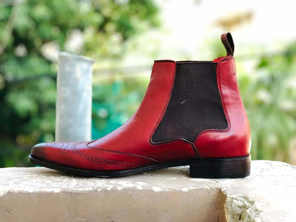 New Burgundy Chelsea Leather Boots. Men's Dress Fashion boots, Men Designer Boot