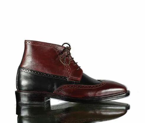 New Handmade Men's Black Burgundy Leather Wing Tip Lace Up Boots, Men Ankle Boots, Men Fashion Boots