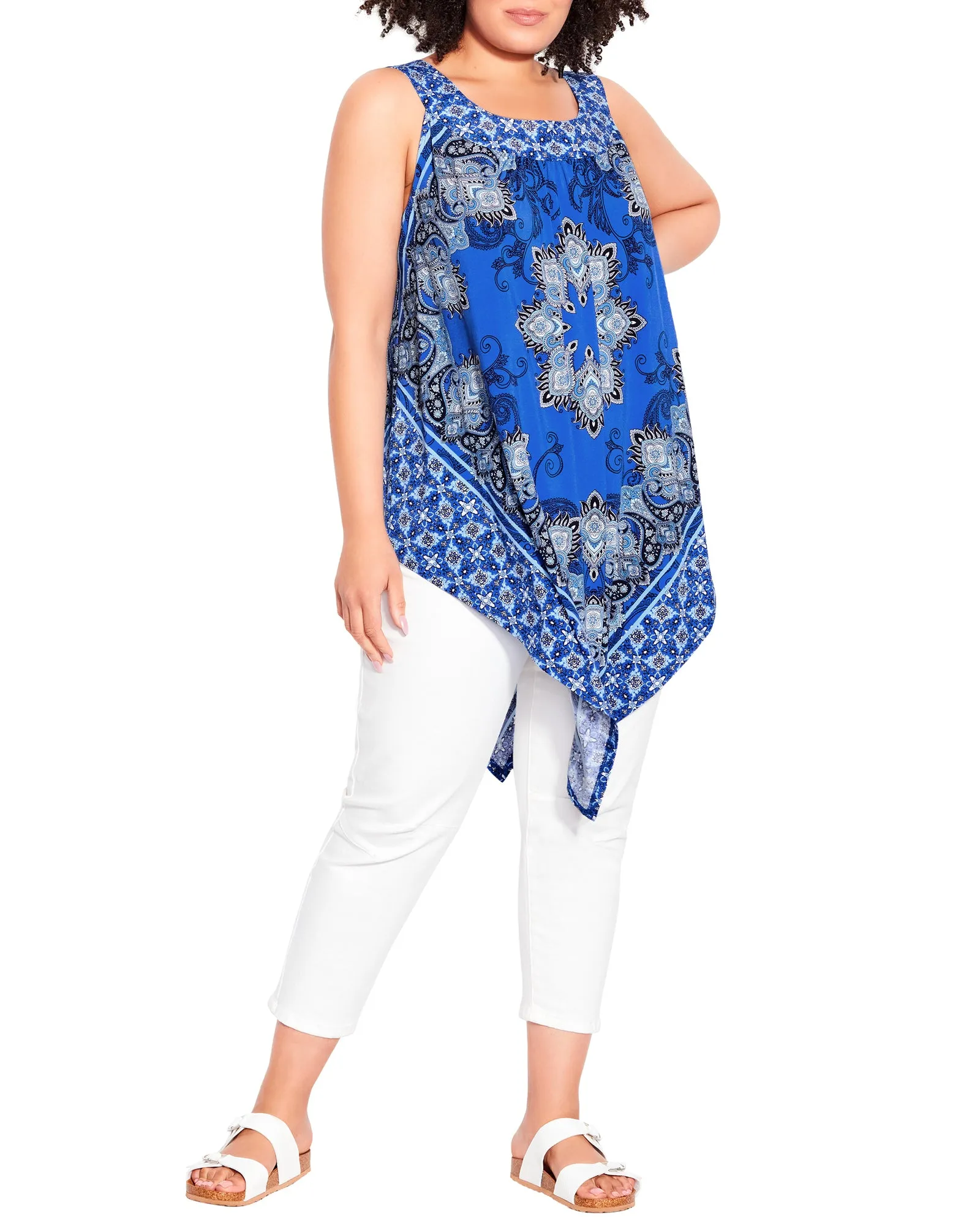 Nicole Asymmetrical Scarf Print Tunic | Azure Blue / White