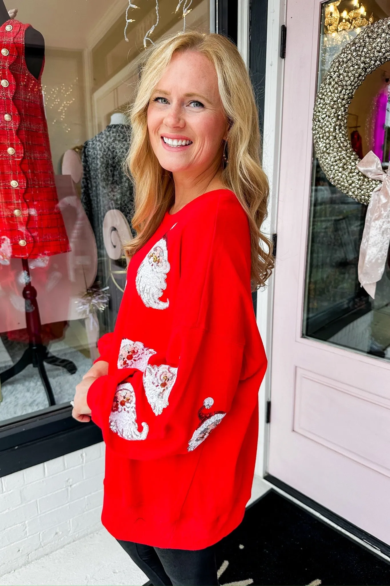 Oversized Sequin Santa Patch Long Sleeve Top in Red