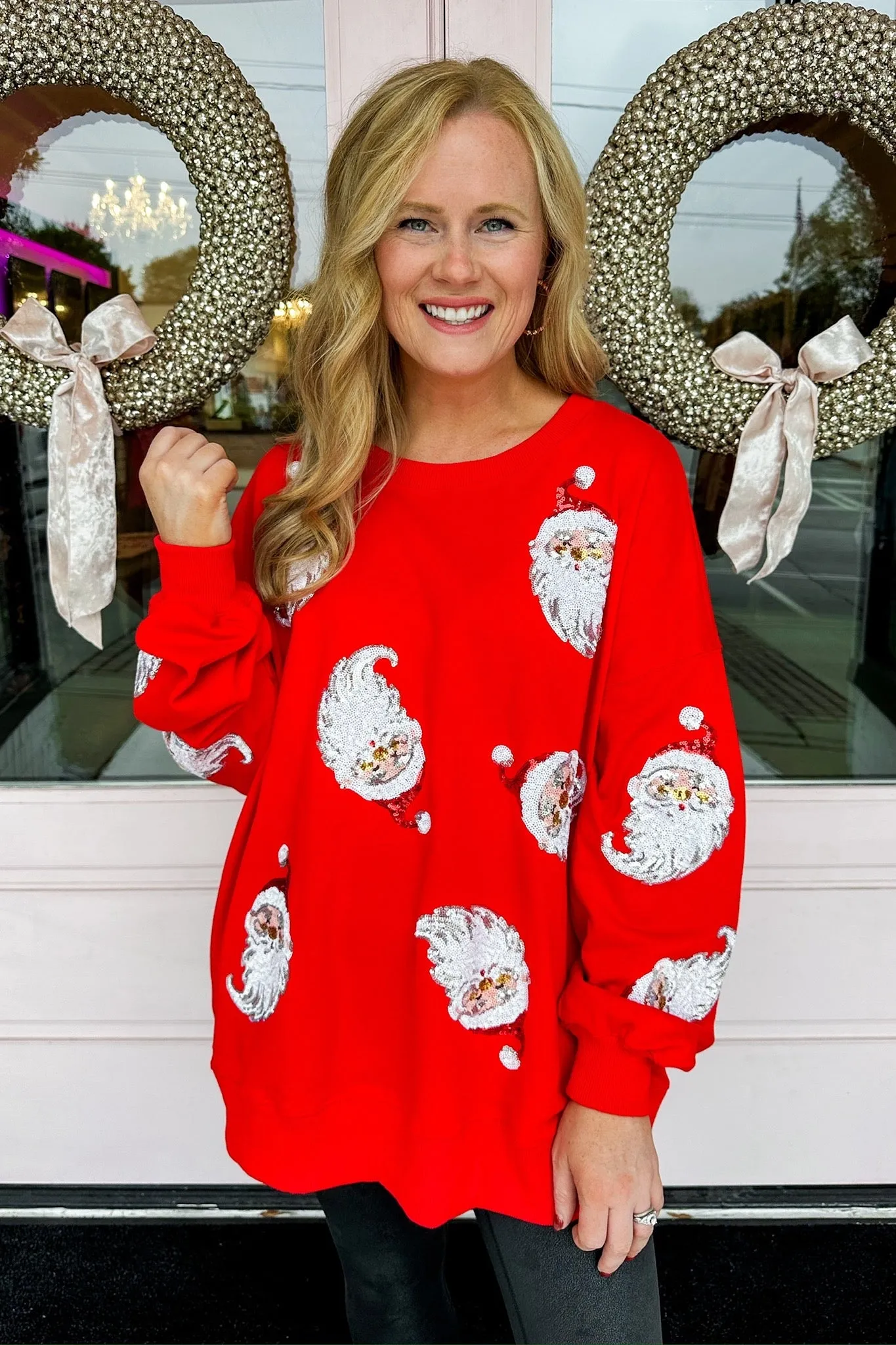 Oversized Sequin Santa Patch Long Sleeve Top in Red