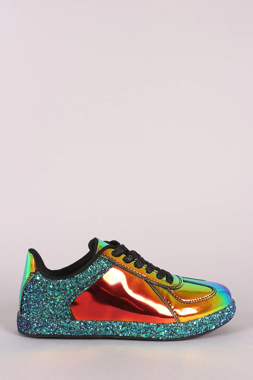 Qupid Glitter Accent Holographic Low Top Lace Up Sneaker