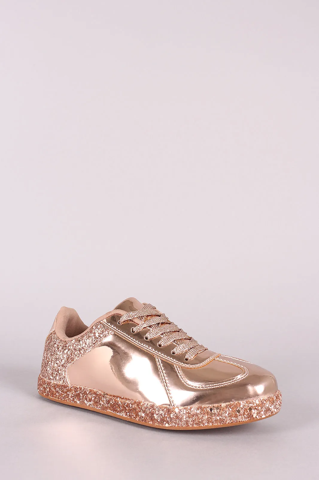 Qupid Glitter Accent Holographic Low Top Lace Up Sneaker