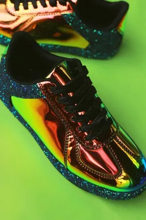 Qupid Glitter Accent Holographic Low Top Lace Up Sneaker