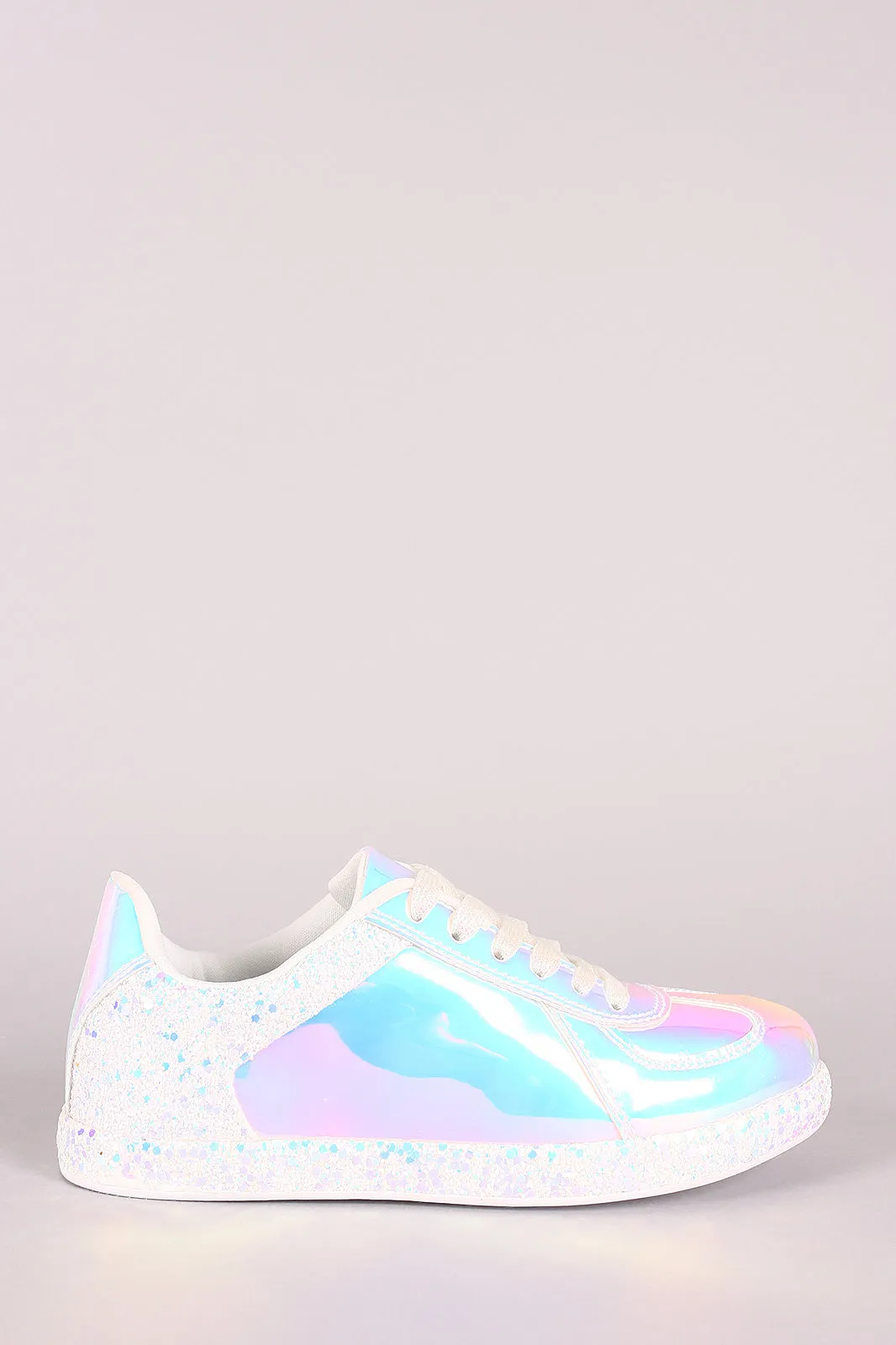 Qupid Glitter Accent Holographic Low Top Lace Up Sneaker