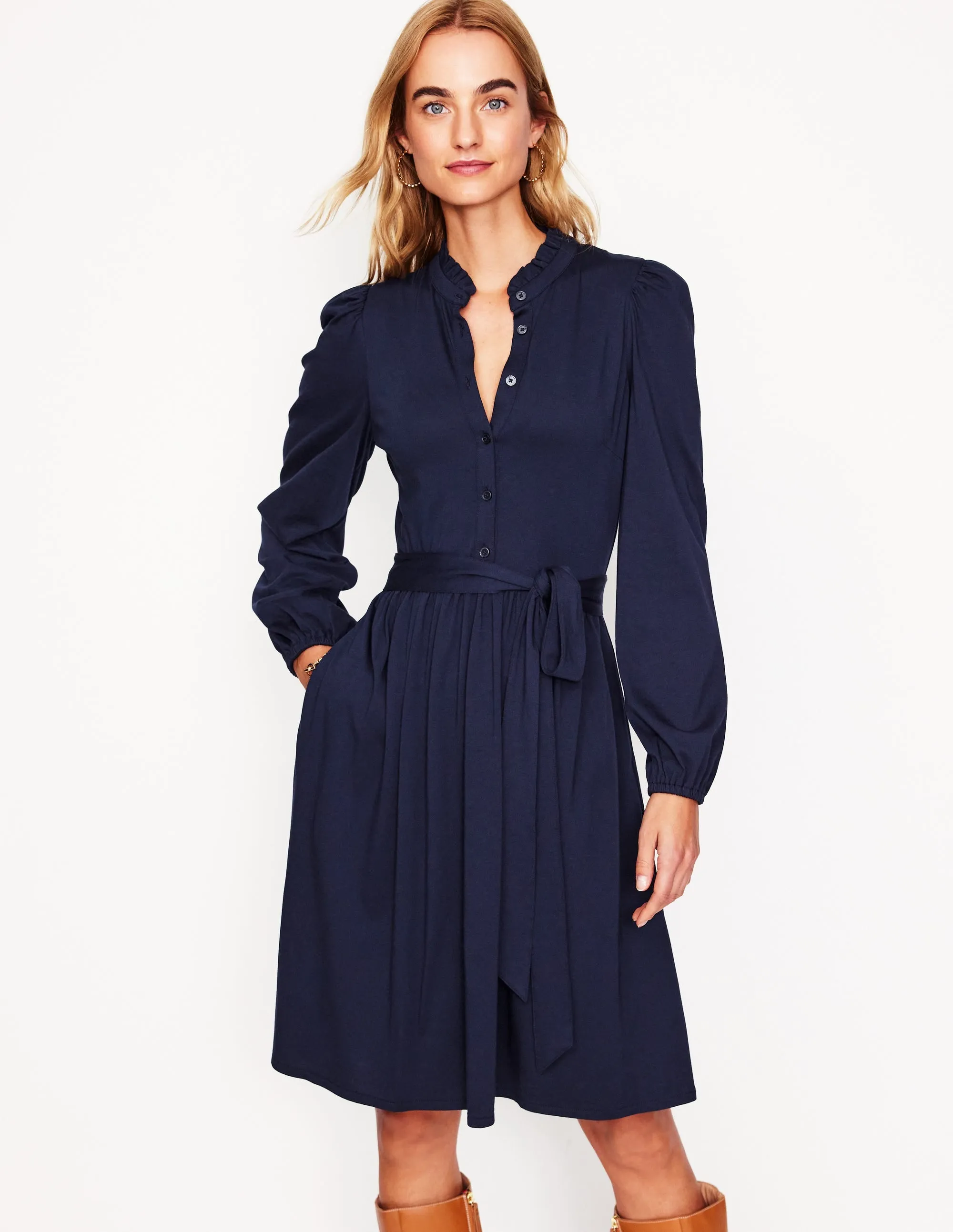 Willow Frill Short Shirt Dress-Navy