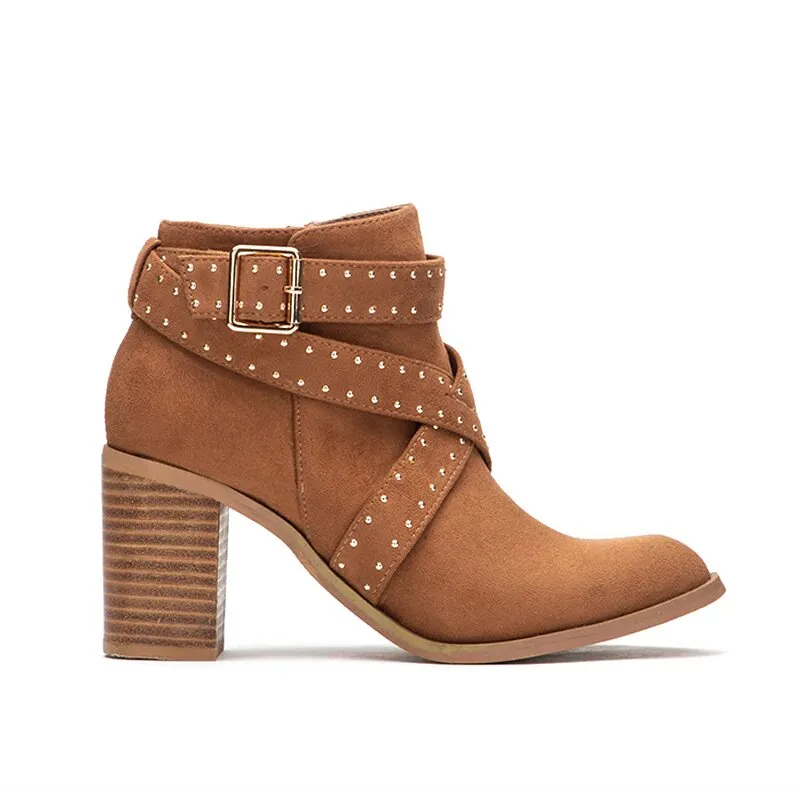 Women's Autumn/Winter Warm Square-Heeled Flock Ankle Boots With Buckles and Rivets