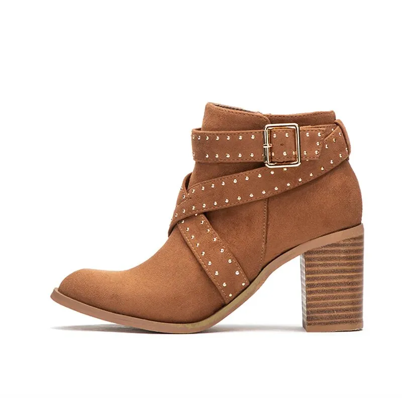 Women's Autumn/Winter Warm Square-Heeled Flock Ankle Boots With Buckles and Rivets