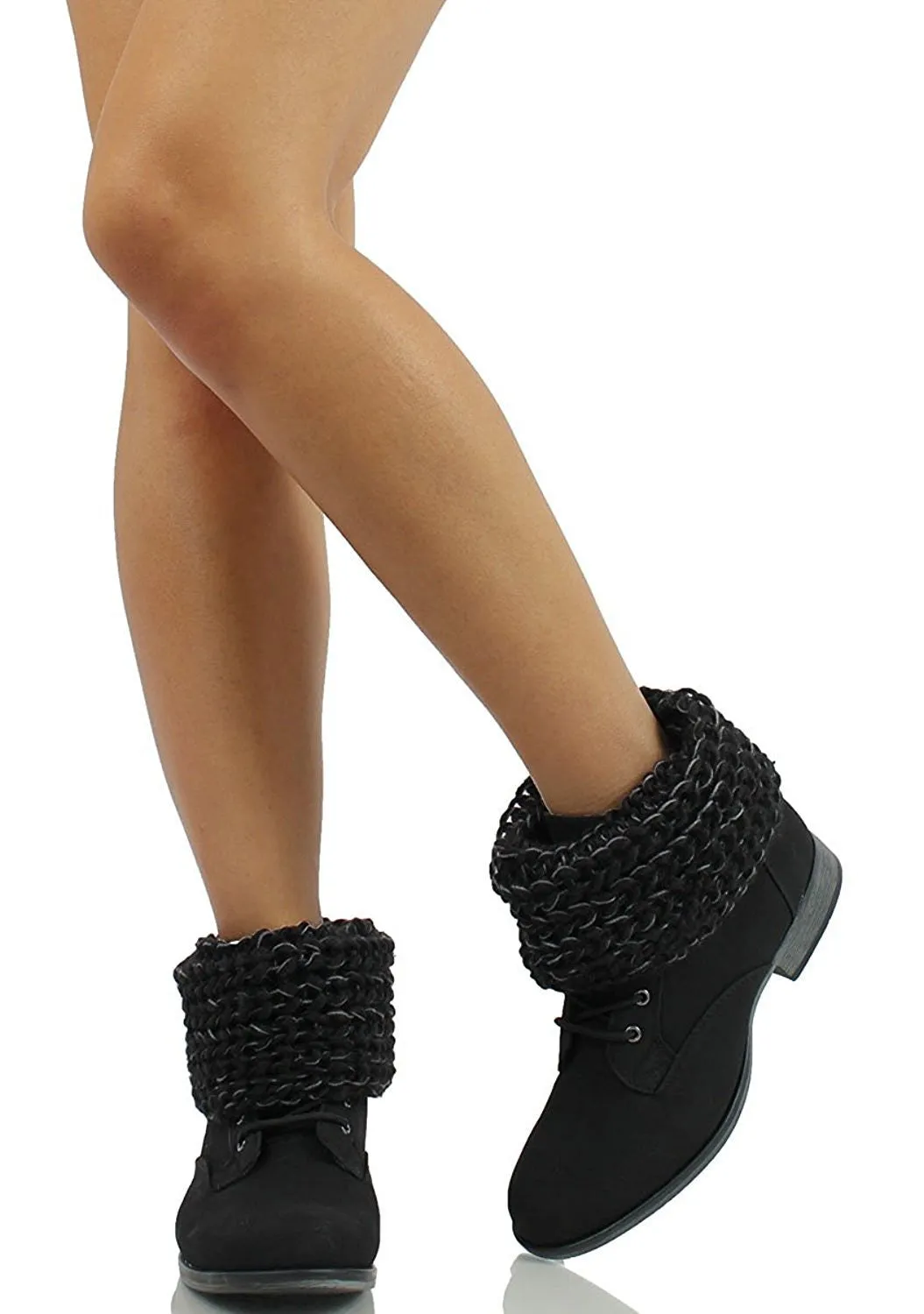 Women's Black Faux Nubuck Leather Sweater Ankle Cuff Boots