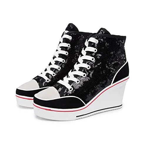 Women's Canvas High-Heeled Bling Shoes Casual Shoes Fashion Sparkling Sneakers for Walking Platform Wedges Pump Shoes Black, 8